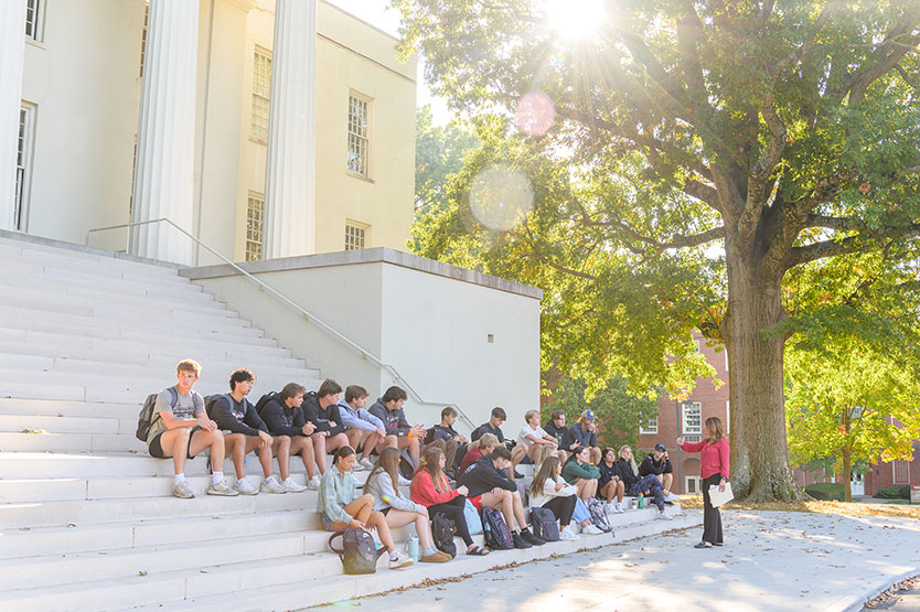 college class taking place outdoors in front of Old Morrison on the Transylvania University campus